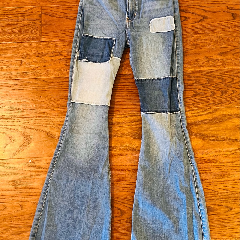 Hollister High Rise Blue Patchwork Flare Jeans